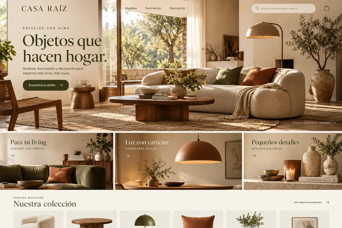 Ejemplo de ecommerce de hogar con imágenes de ambientes cálidos y categorías de decoración