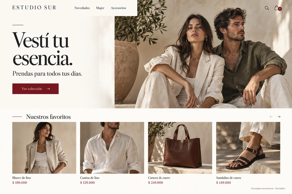 Ejemplo de ecommerce de moda con tonos neutros y fotografía editorial