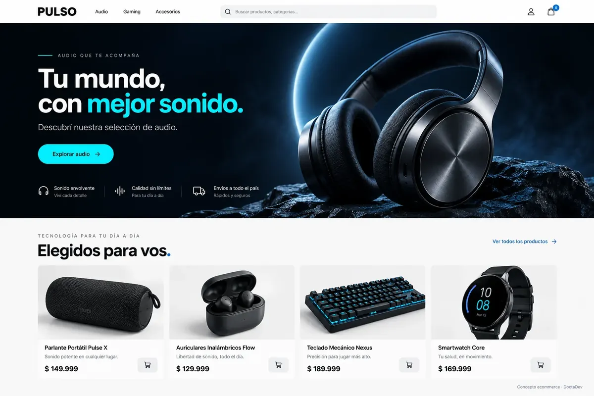 Ejemplo de ecommerce de tecnología con hero oscuro, acentos celestes y catálogo de electrónicos
